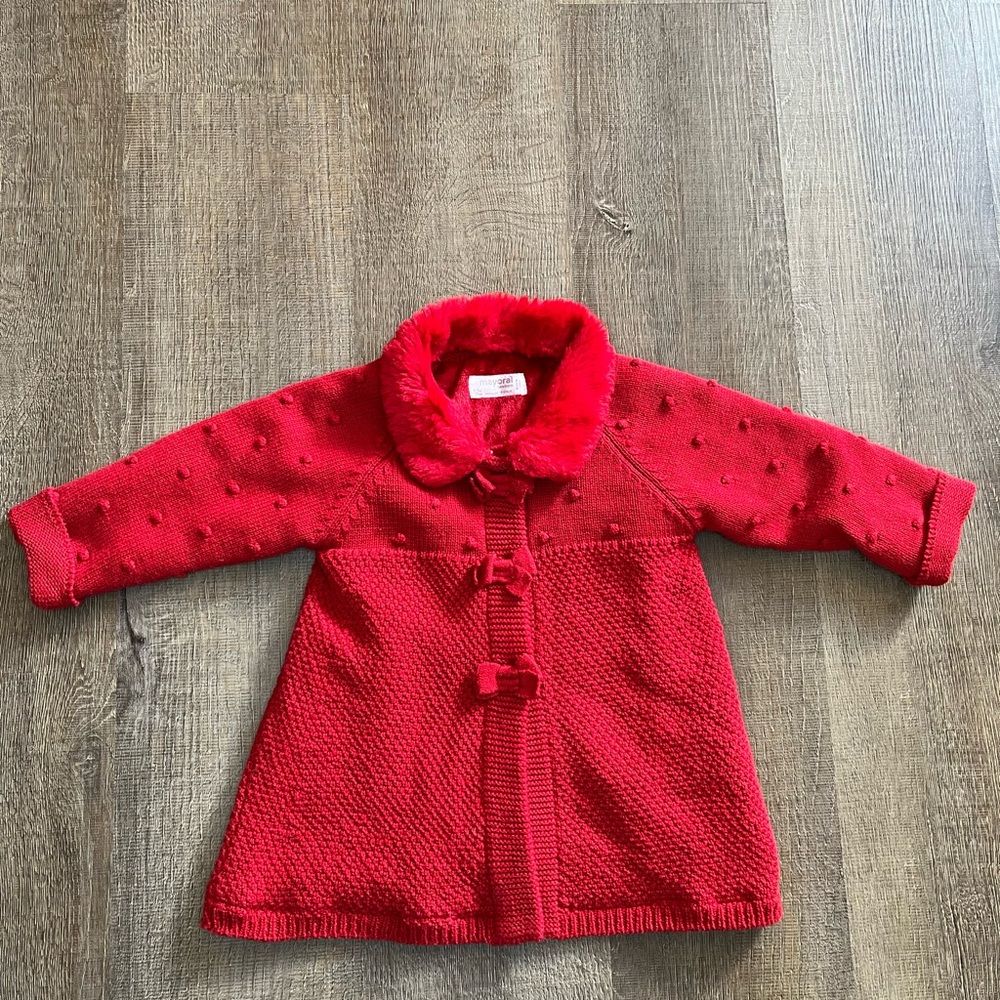 Mayoral red faux fur collar‎ sweater coat fur lined size 4-6 months